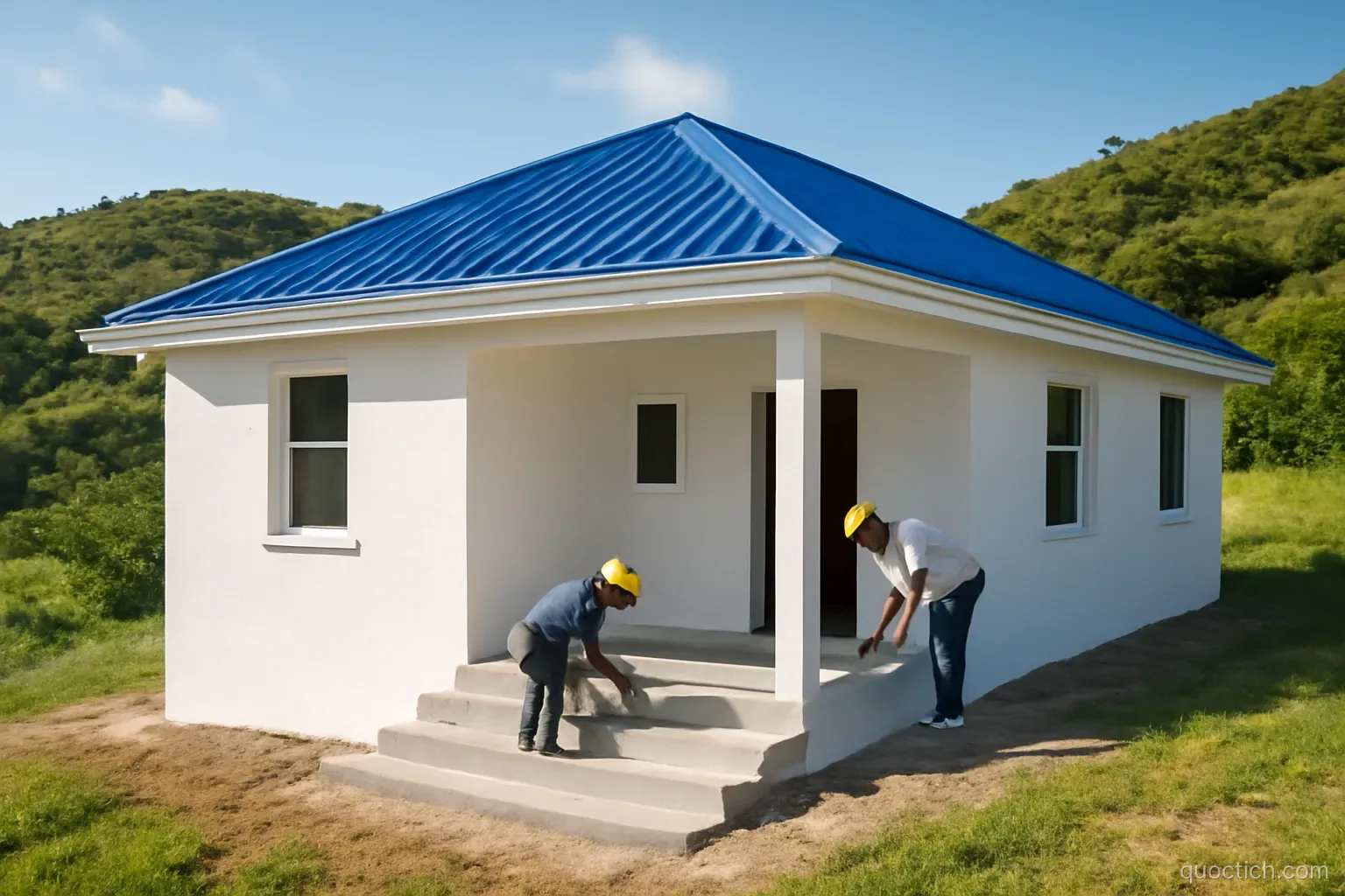 A newly rebuilt bright white concrete house with a blue hurricane-proof metal roof on a green hillside of Carriacou, workers in safety helmets finishing the porch, medium-wide shot, sunny morning